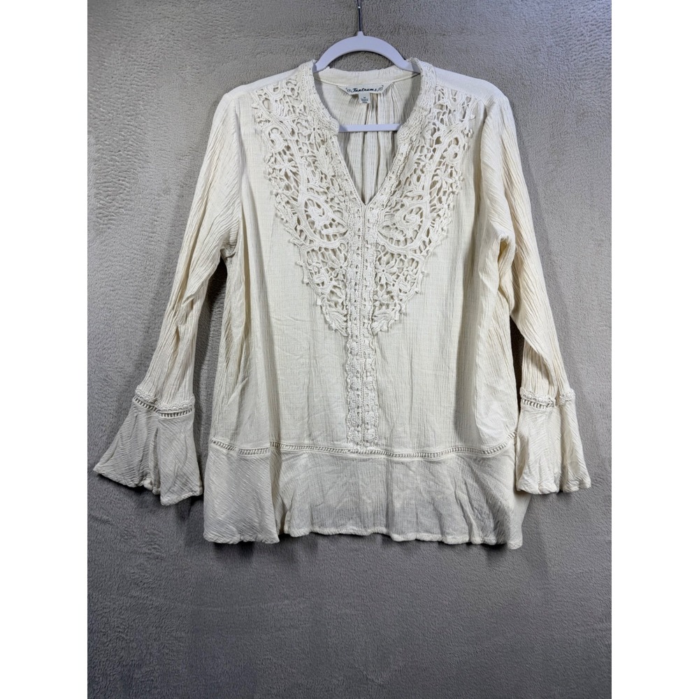 Tantrums Crochet Lace Top Women M Cream Boho Bell Sleeve Blouse 5368